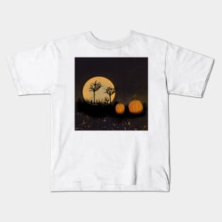 Pumpkins in a graveyard with full moon Kids T-Shirt